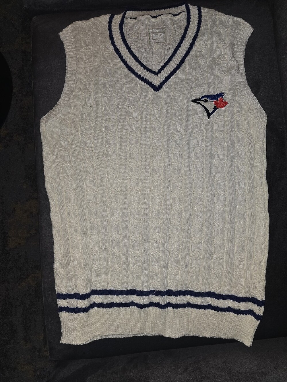 Toronto Blue Jays Off-White Cable Knit V-Neck Sleeveless Sweater Vest Blue Trim